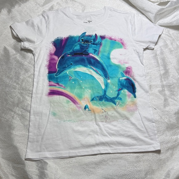 Disney White Tee with Blue & Purple Stitch and Dolphin Artwork size S - Picture 2 of 5